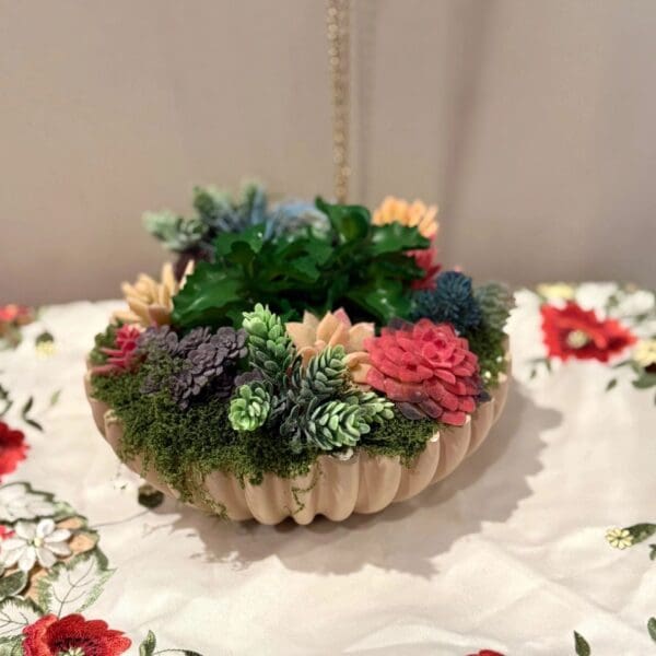 Hanging planter with vibrant succulents