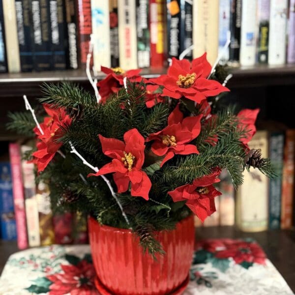 Festive flowers in a red pot