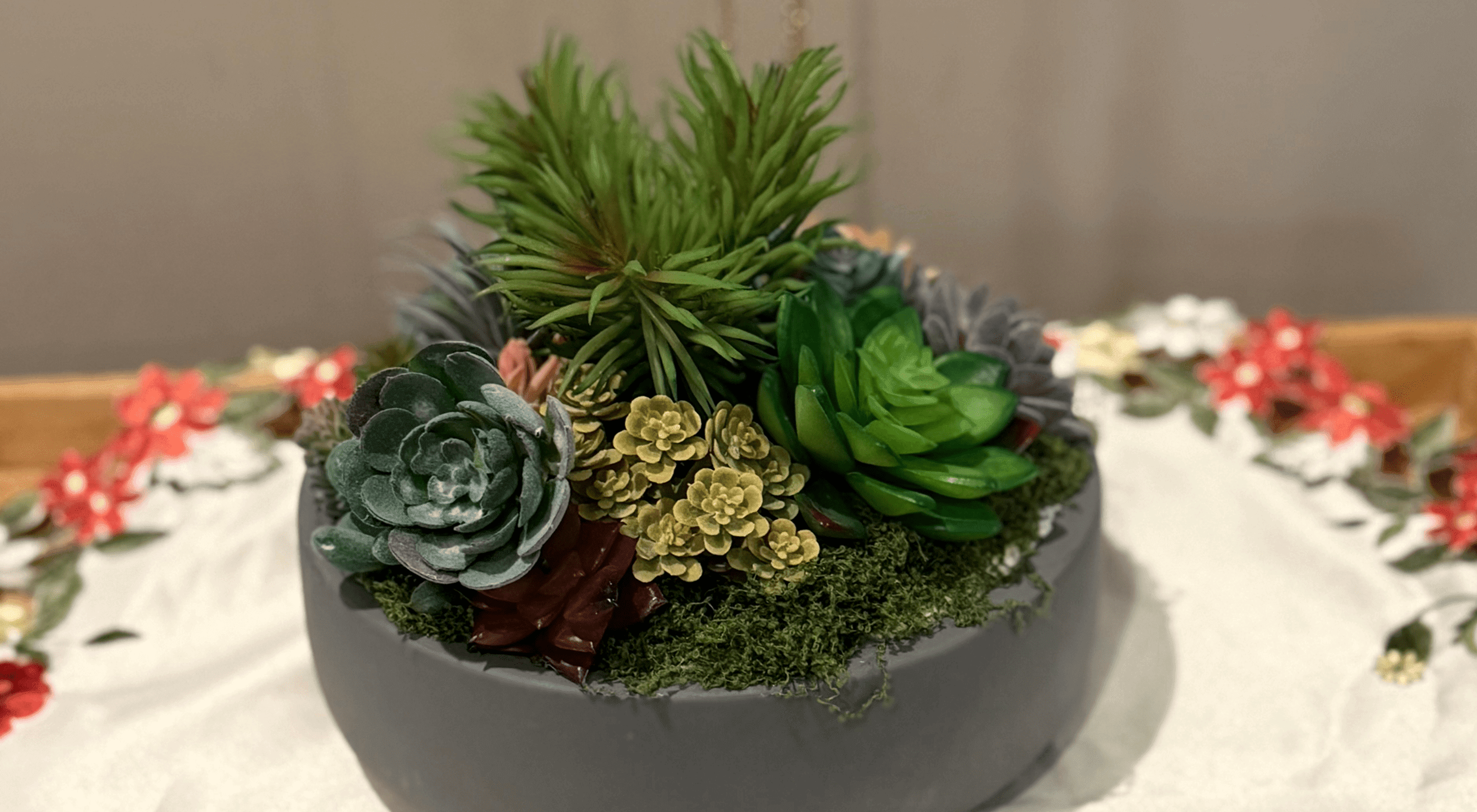 Decorative succulent display with colorful accents