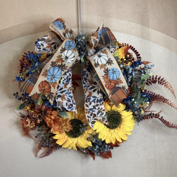 SUNFLOWER W/BLUE FLOWERS WREATH