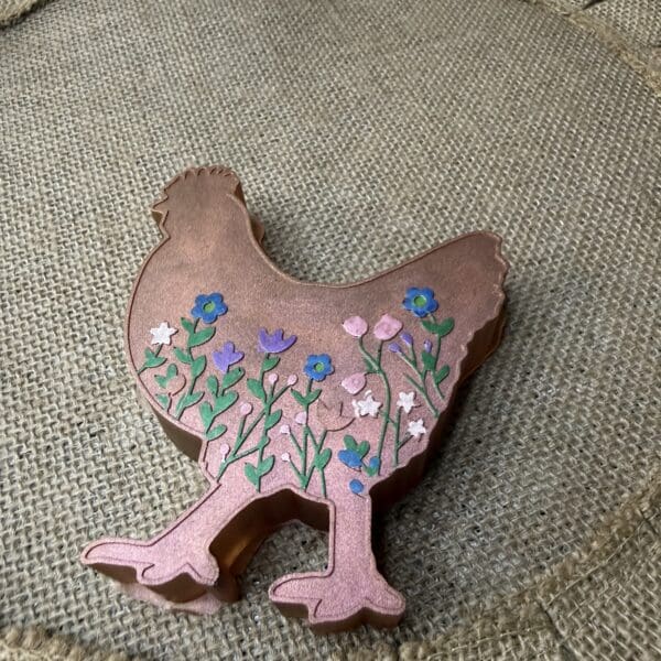RESIN COPPER CHICKEN WITH PAINTED FLOWERS
